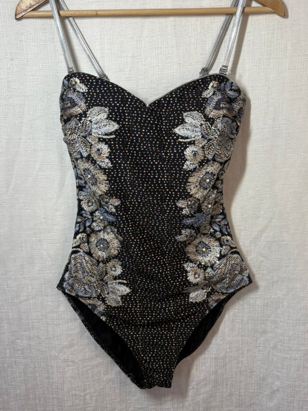 Gottex Designer One‑Piece Swimsuit Bodysuit | Black Metallic Floral | Sz 10